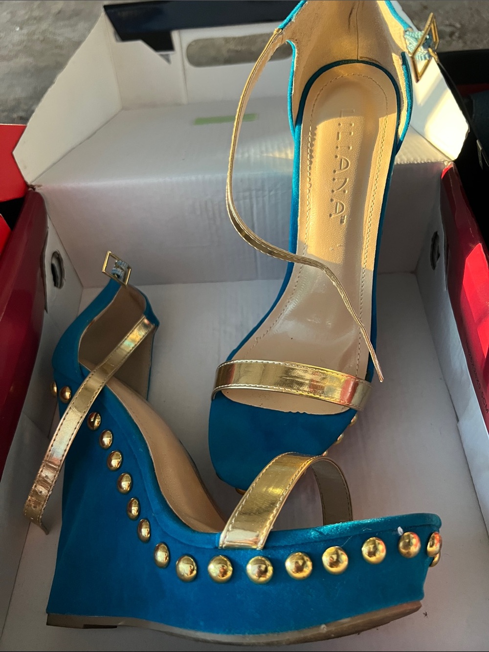 Blue Suede Wedge Sandals with Gold Accents - Elegant Women's Heels